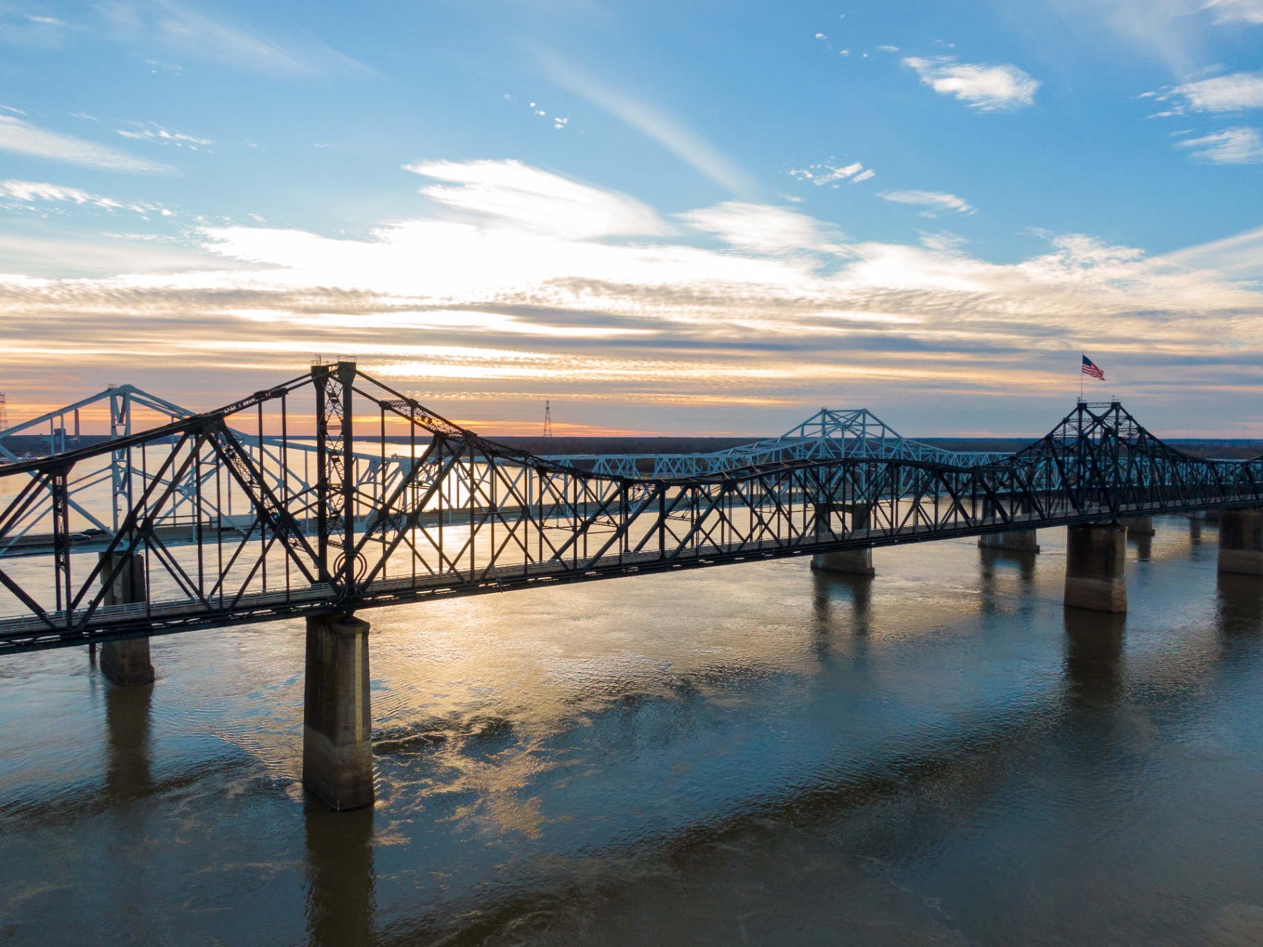 Vicksburg bridges over the Mississippi River at sunset