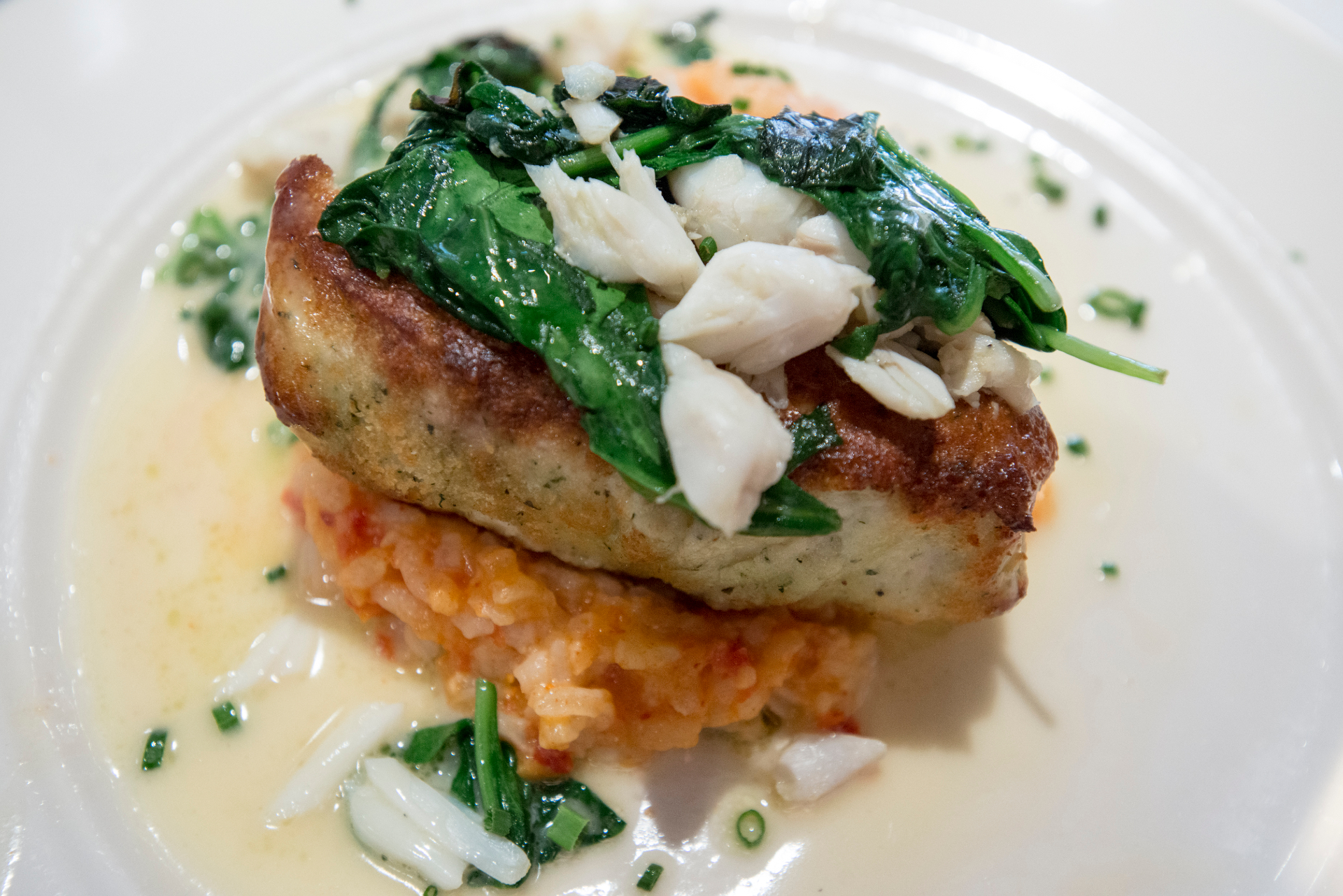 Chesapeake rockfish topped with jumbo lump crab on tomato risotto