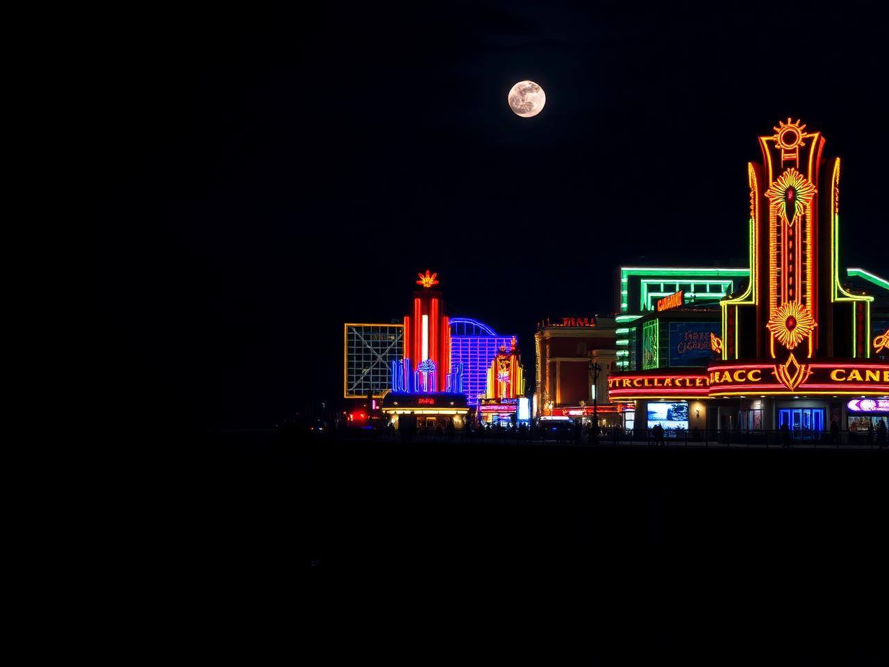 Neon-lit Atlantic City casinos seen from the Boardwalk at night