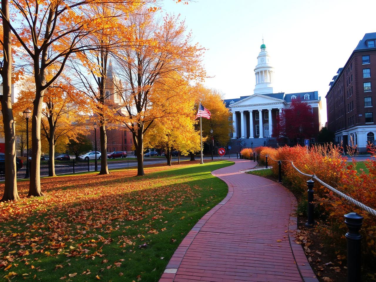 The Freedom Trail brick path in autumn