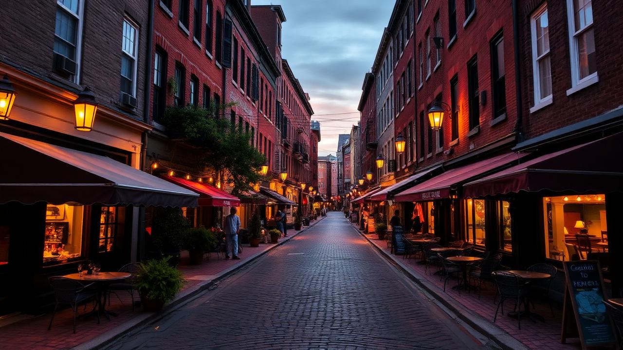 A cobblestone street in Boston's North End at dusk
