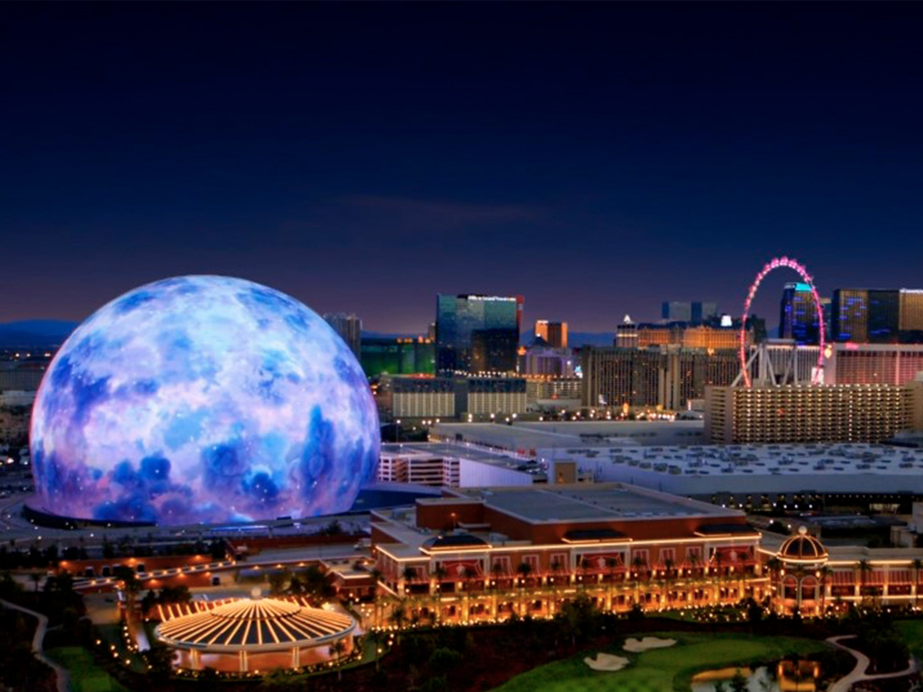 The Sphere lit up at dusk on the Las Vegas Strip