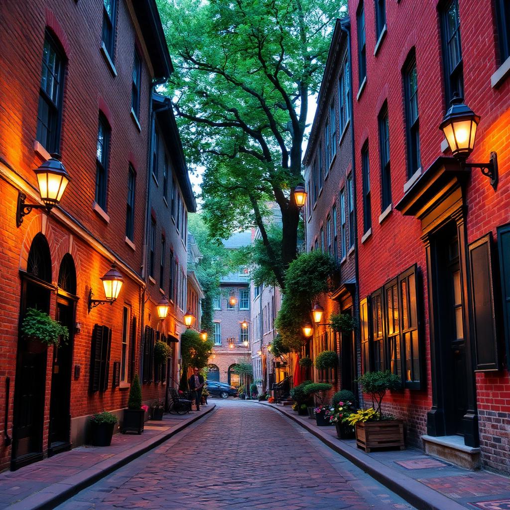 Elfreth's Alley cobblestone street with colonial row houses